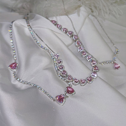 Trendy Sweet Pink Crystal Heart Necklace