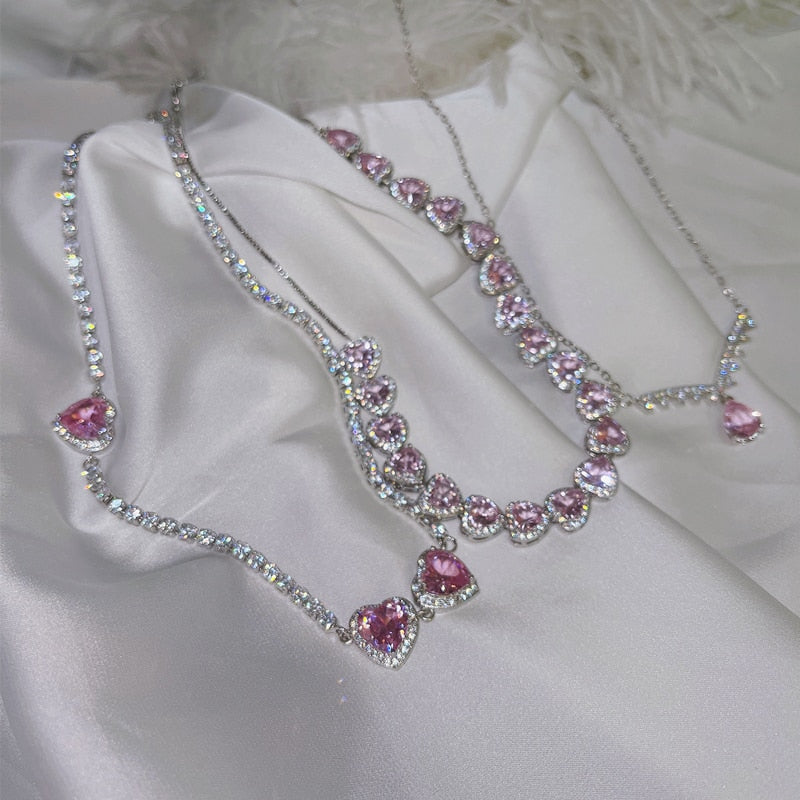 Trendy Sweet Pink Crystal Heart Necklace