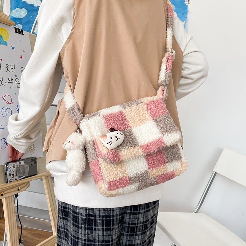 Kawaii Plaid Colorblock Plush Crossbody Bag