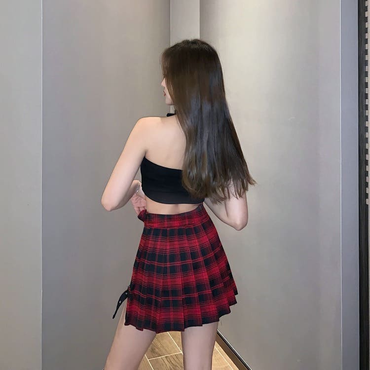 Punk Pleated Plaid Irregular Skirt