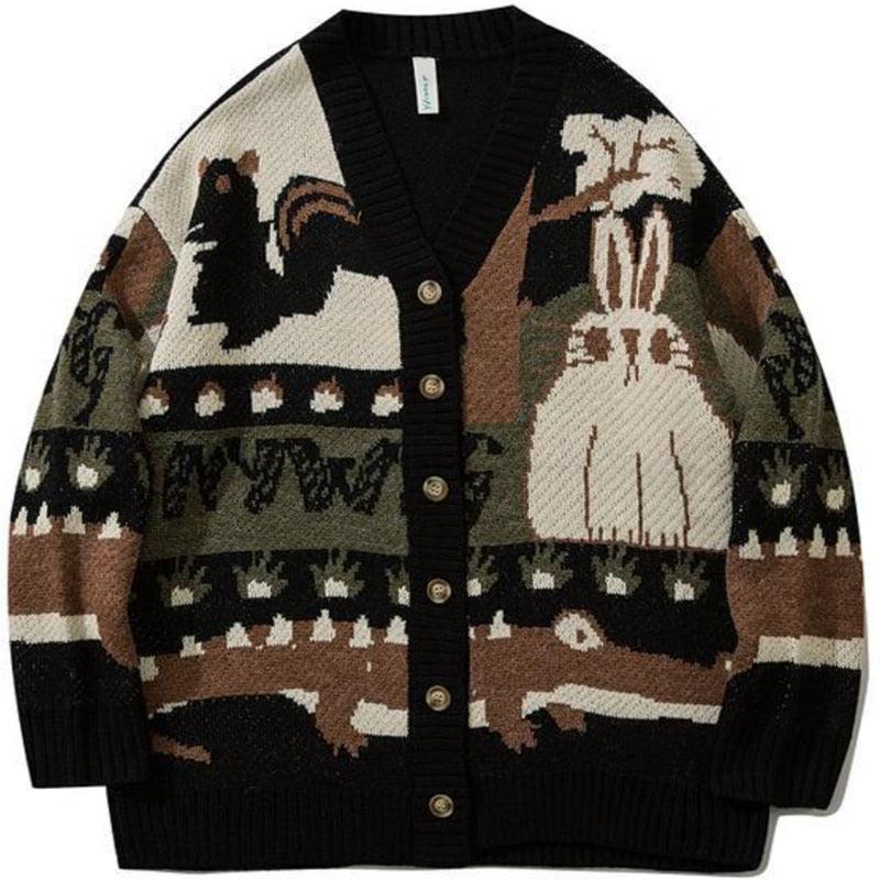 Vintage Squirrel Rabbit Jacquard Cardigan Sweater, Trending - Kawaii Bonjour