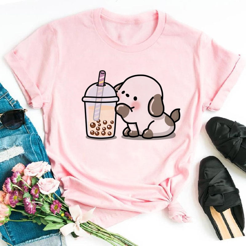 Kawaii Curious Puppy Boba Tea T-Shirt - New, T-Shirts - Kawaii Bonjour