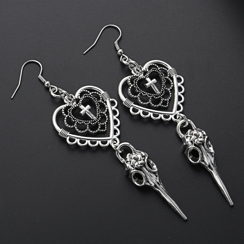 Aesthetic Dark Gothic Heart Cross Earrings