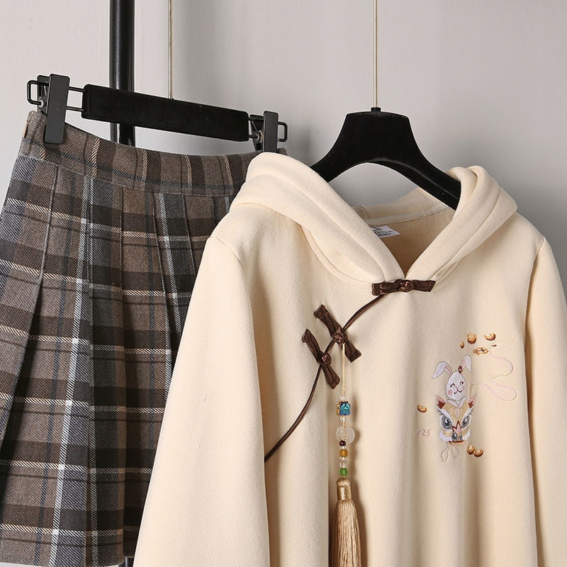 Rabbit Lion Dance Embroidery Hoodies Sweatshirt Skirt - New, Skirt, Sweatshirt - Kawaii Bonjour