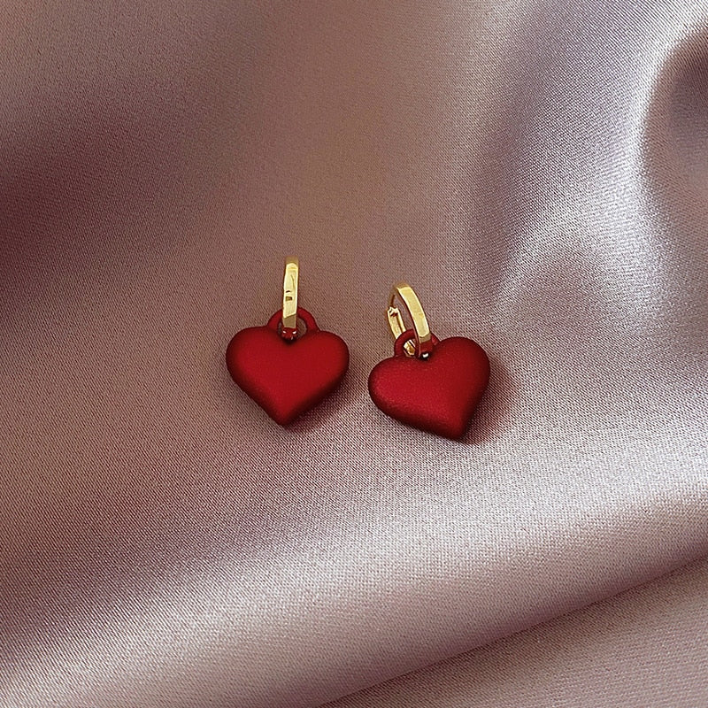 Frosted Matte Red Heart Pendant Earrings