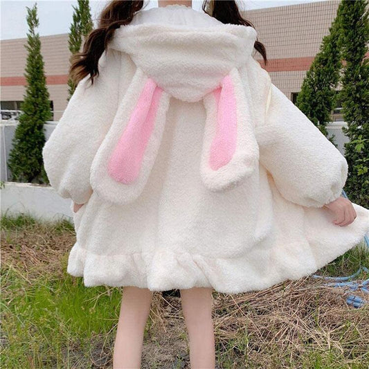 Kawaii Fluffy Bunny Ears Hoodie Coat