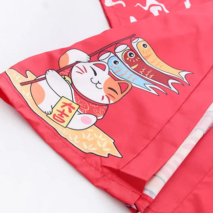 Vintage Lucky Cat Letter Print Japanese Cardigan Kimono Outerwear