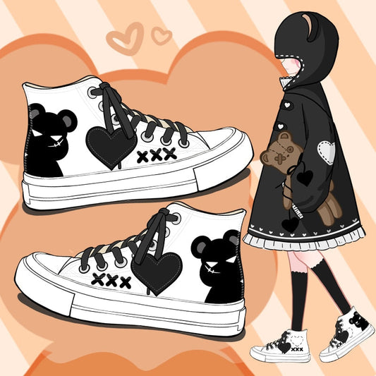 Kawaii Black Heart Bear Sneakers - Sneakers - Kawaii Bonjour