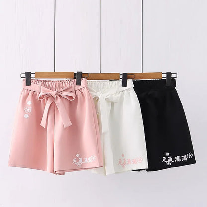 Vintage Pure Color Bowknot Sakura Print Wide Leg Shorts