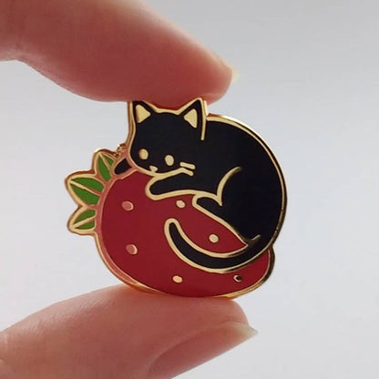 Strawberry Black Cat Enamel Pin