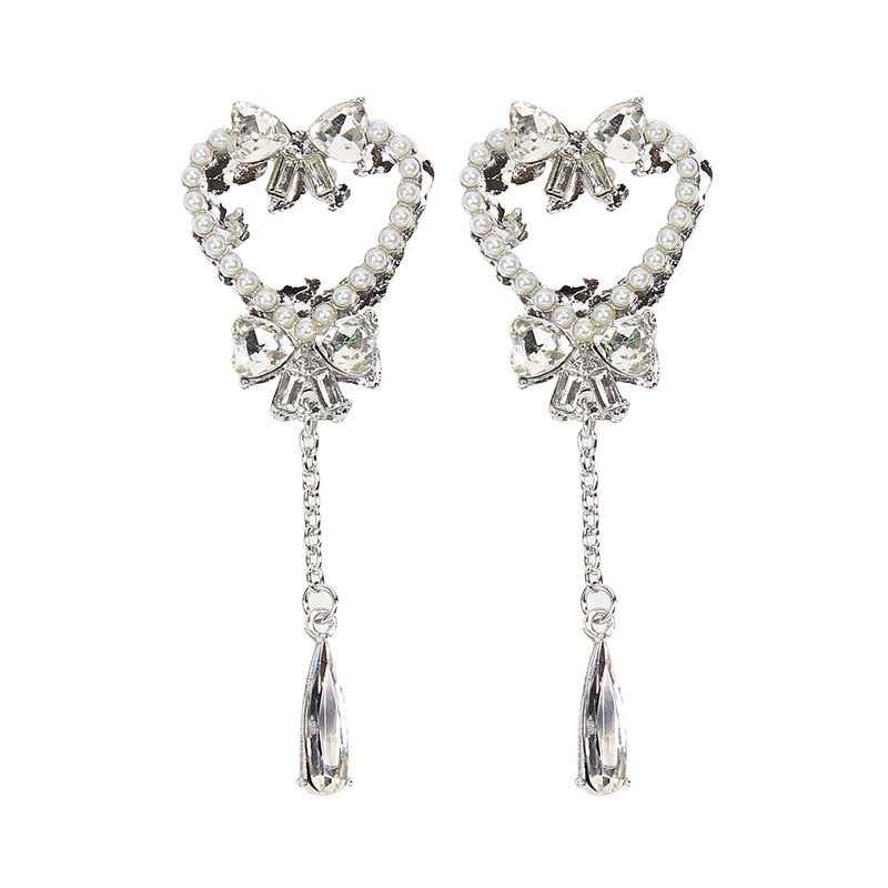 Vintage Pearl Heart Bow Crystal Earrings