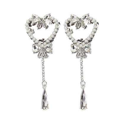 Vintage Pearl Heart Bow Crystal Earrings
