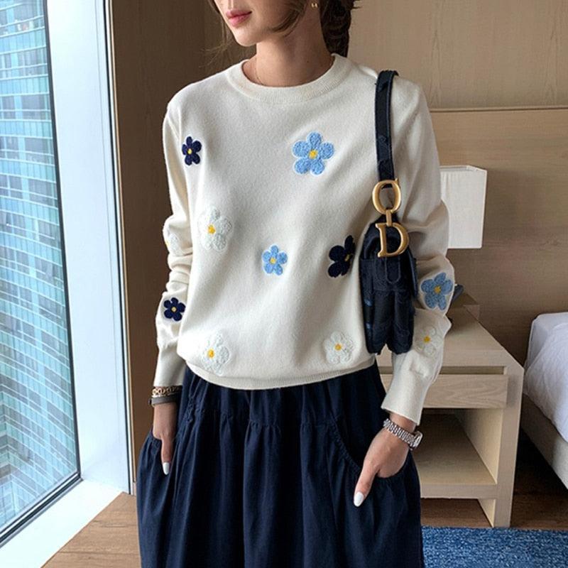 Flower Embroidery Pullover Sweater - Sweater - Kawaii Bonjour