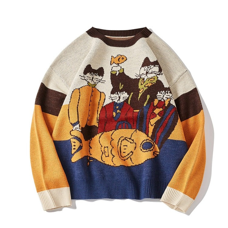 Cartoon Retro Cat Party Sweater