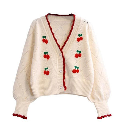 Cherry Embroidery Knitted Cardigan - Cardigan - Kawaii Bonjour