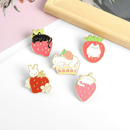 Sweet Strawberry Cat Bunny Enamel Pins