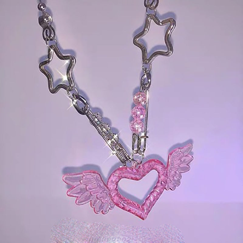 Kawaii Punk Stars Pink Wings Heart Necklace