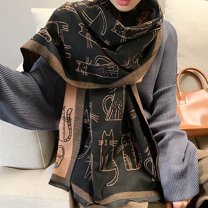Fashion Luxury Designer Winter Cashmere Hijab Scarf Animal Cat