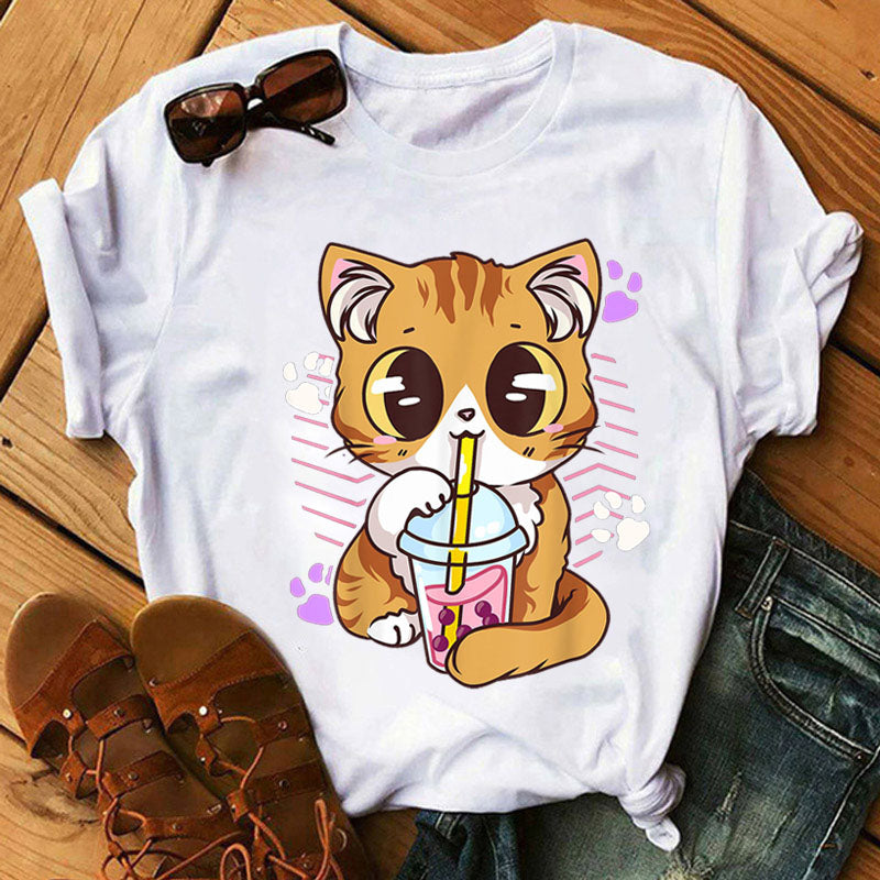 Cute Cartoon Milk Tea Cat T-Shirt - Meowhiskers