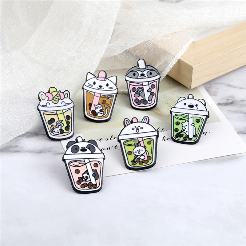 Kawaii Bubble Tea Animals Enamel Pins