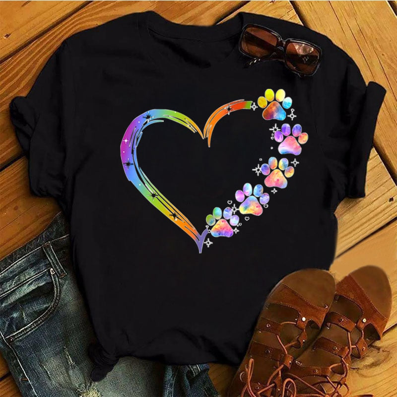 Colorful Heart & Paw Cat T-Shirt - Meowhiskers