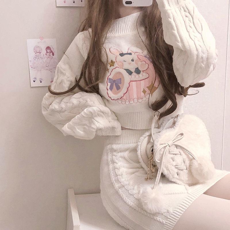 Kawaii Harajuku Bunny Sweater Knitted Skirt Set - Skirt, Tops, Trending - Kawaii Bonjour
