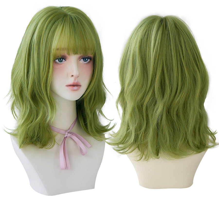 Cosplay Olive Green Deep Wave Wig With Bangs