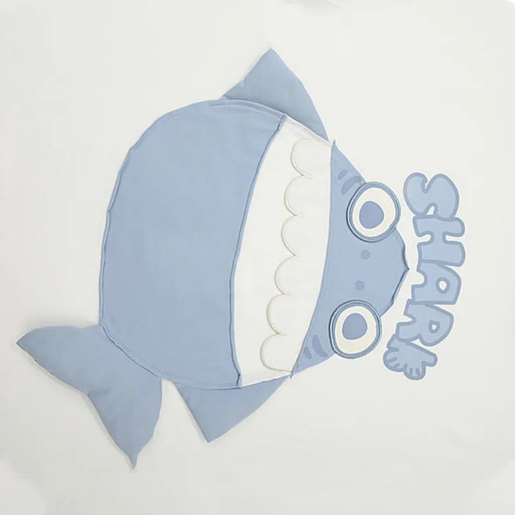 Cartoon Shark Letter Print Colorblock Loose T-shirt