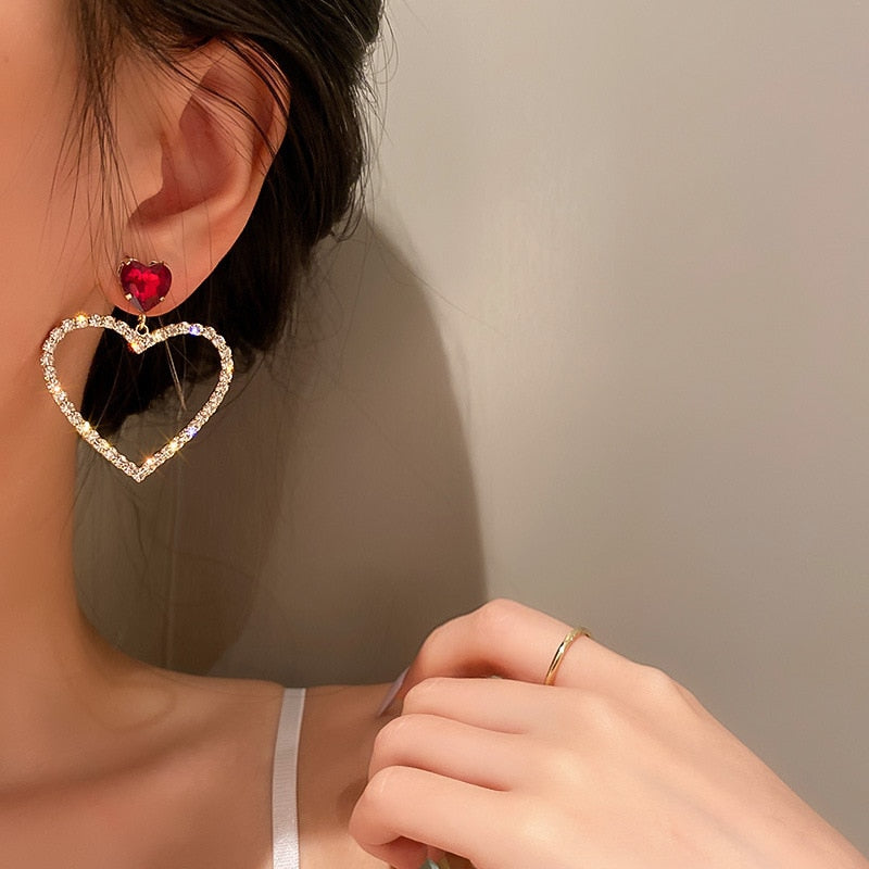 Rhinestone Hollow Heart Crystal Drop Earrings