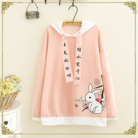 Sakura Cartoon Rabbit Letter Drawstring Sweatshirt Hoodie