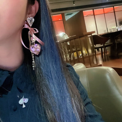 Bowknot Heart Crystal Tassel Drop Earrings