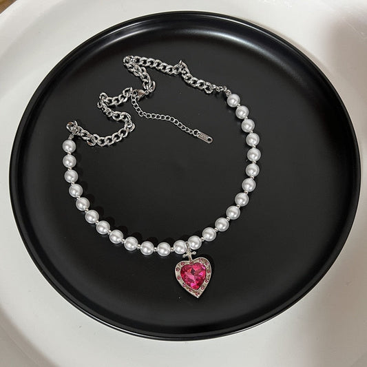 Vintage Pink Crystal Heart Pendant Necklace