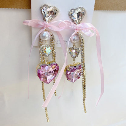 Bowknot Heart Crystal Tassel Drop Earrings