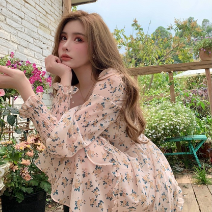 Korean Elegant Square Collar Floral Dress - Dress, Trending - Kawaii Bonjour