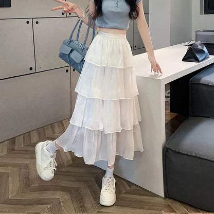 Chic Pure Color High Waist Tiered Skirt