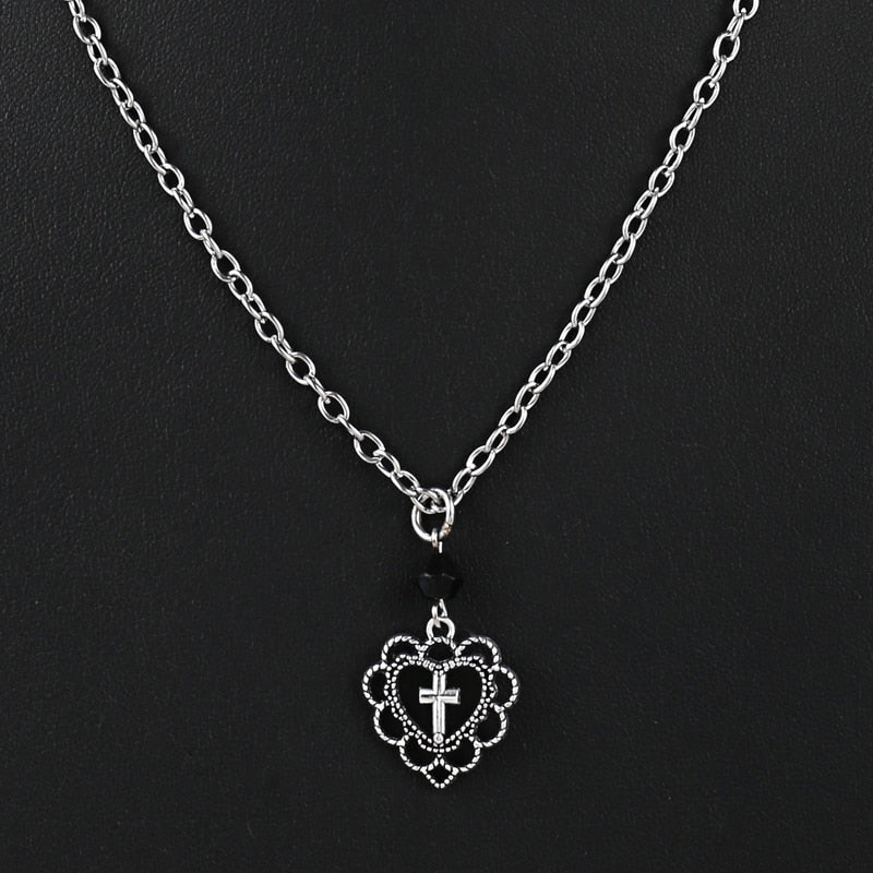 Gothic Hollow Heart Cross Pendant Necklace