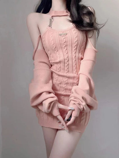 Y2k Chain Knit Crop Top Cardigan Mini Dress Two Piece Set