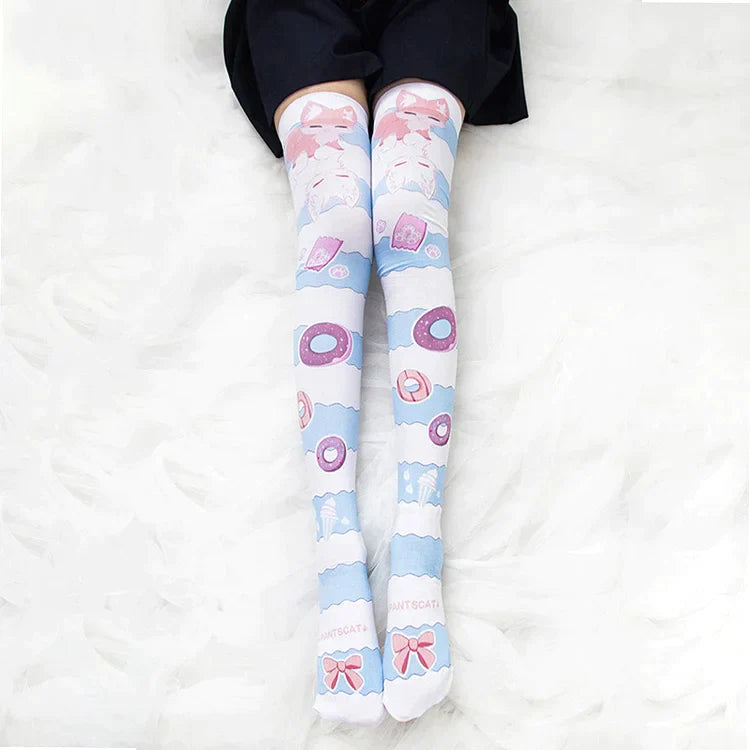 Kawaii Cartoon Fox Donut Print Stockings Over the Knee