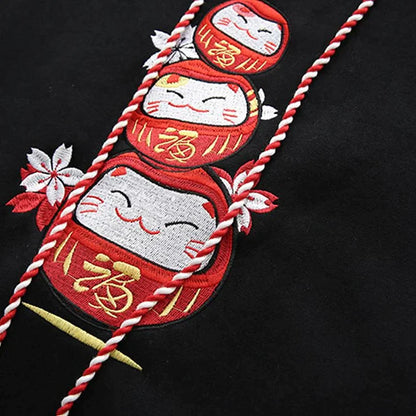 Lucky Cat Sakura Letter Embroidery Tassels Drawstring Sweatshirt Hoodie