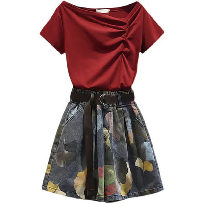 Chic Ruffle T-Shirt Printed Floral Denim Shorts With Belt