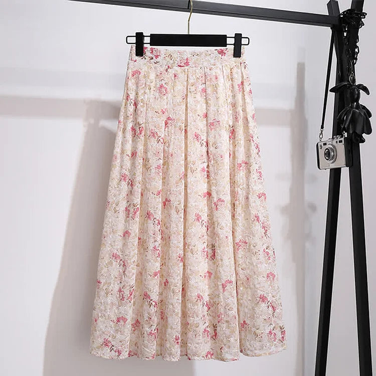 Vintage Pure Color Round Neck Puff Sleeve T-Shirt Floral Print Pleated Skirt