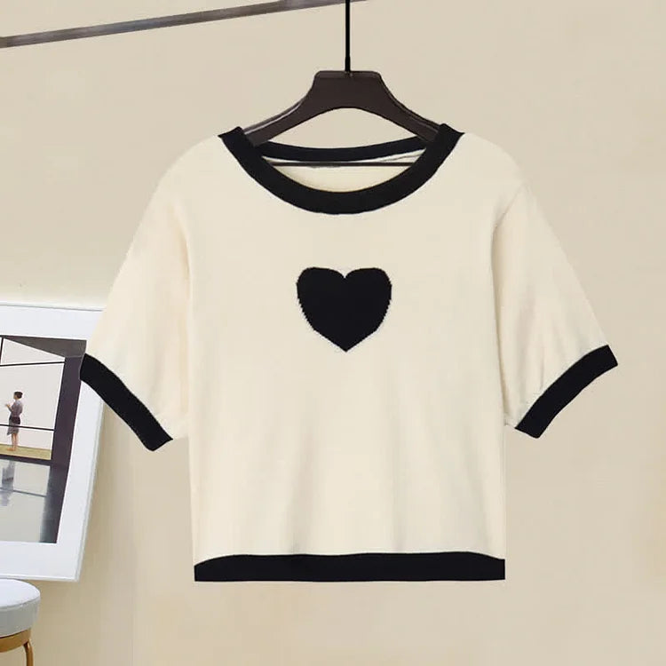 Chic Love Heart Print T-Shirt Lattice Flouncing Split Skirt Two Piece Set