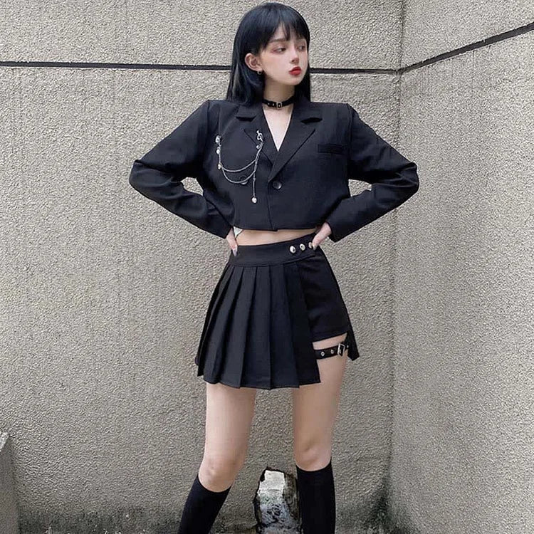 Dark Street Chain Crop Blazer Buckle Pleated Skirt