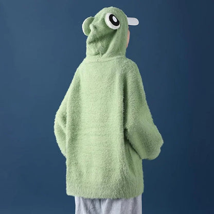 Girlfriend Boyfriend Frog Eyes Button Knit Drawstring Hoodie