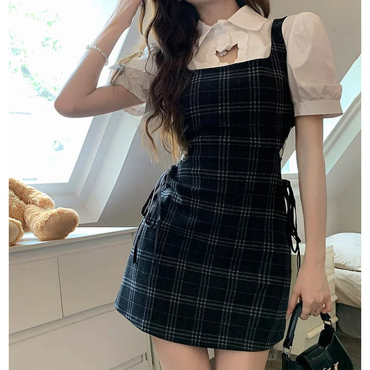 Love Heart Hollow Out Collar Shirt Lace Up Plaid Dress Two Piece