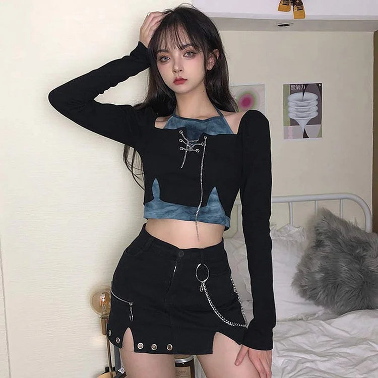 Chic Lace Up Chain Fake Two Piece T-Shirt Denim Skirt
