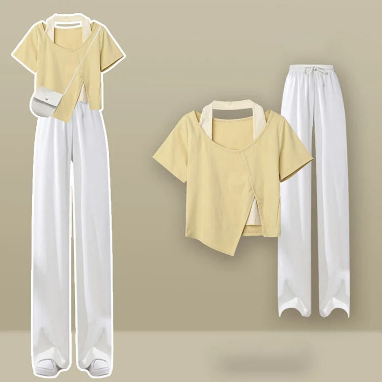 Halter Fake Two Piece Crop Top T-Shirt Casual Wide Leg Pants