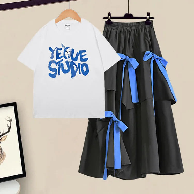 Cartoon Letter Print T-Shirt Irregular Bow Decor Skirt Two Piece Set