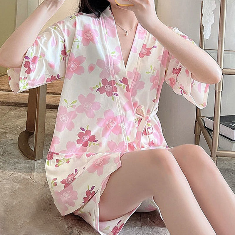Kawaii Floral Print Kimono Lace Up Pajamas Set