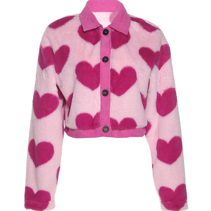 Chic Love Heart Collar Button Plush Cardigan Jacket Coat